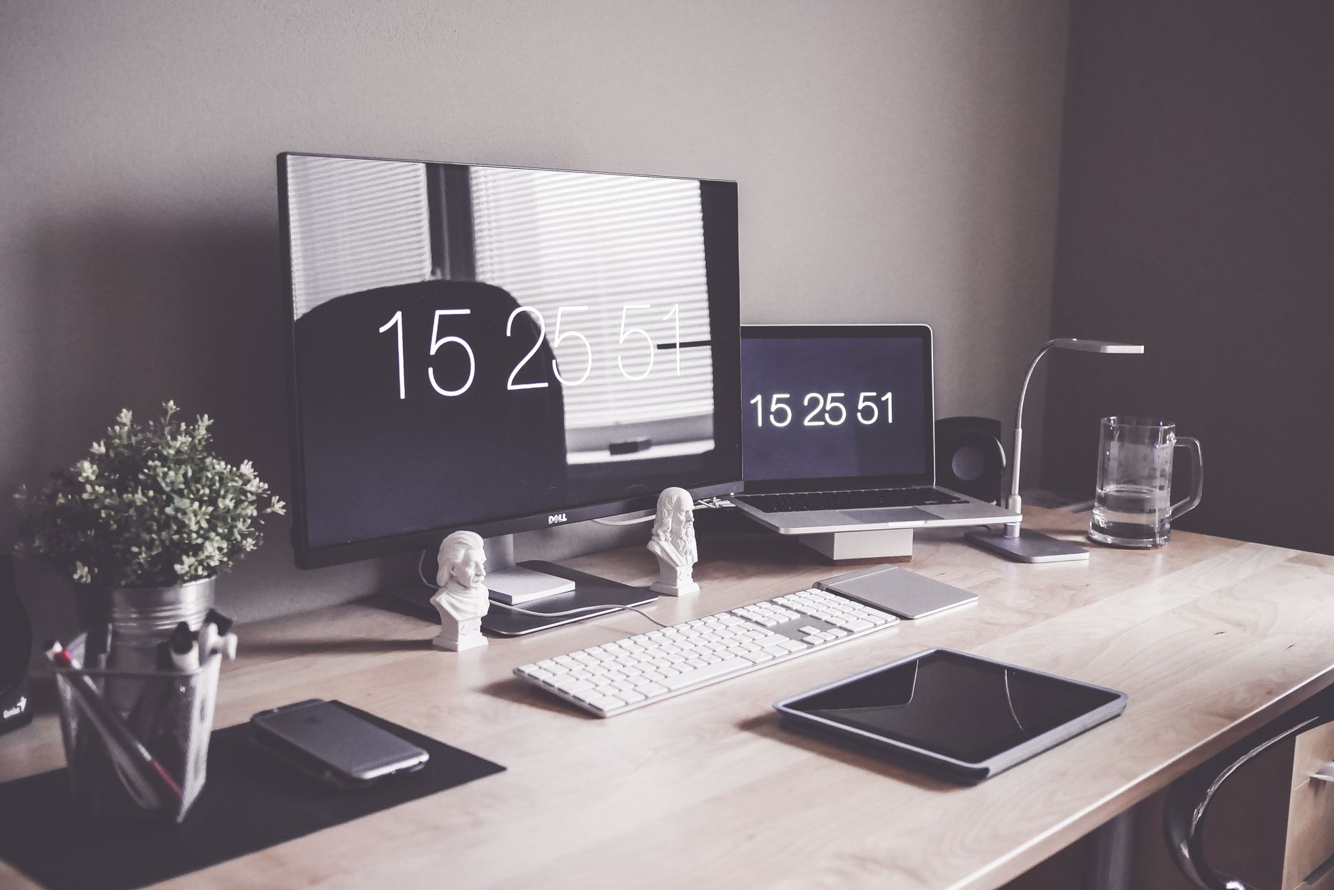A desk and a clock